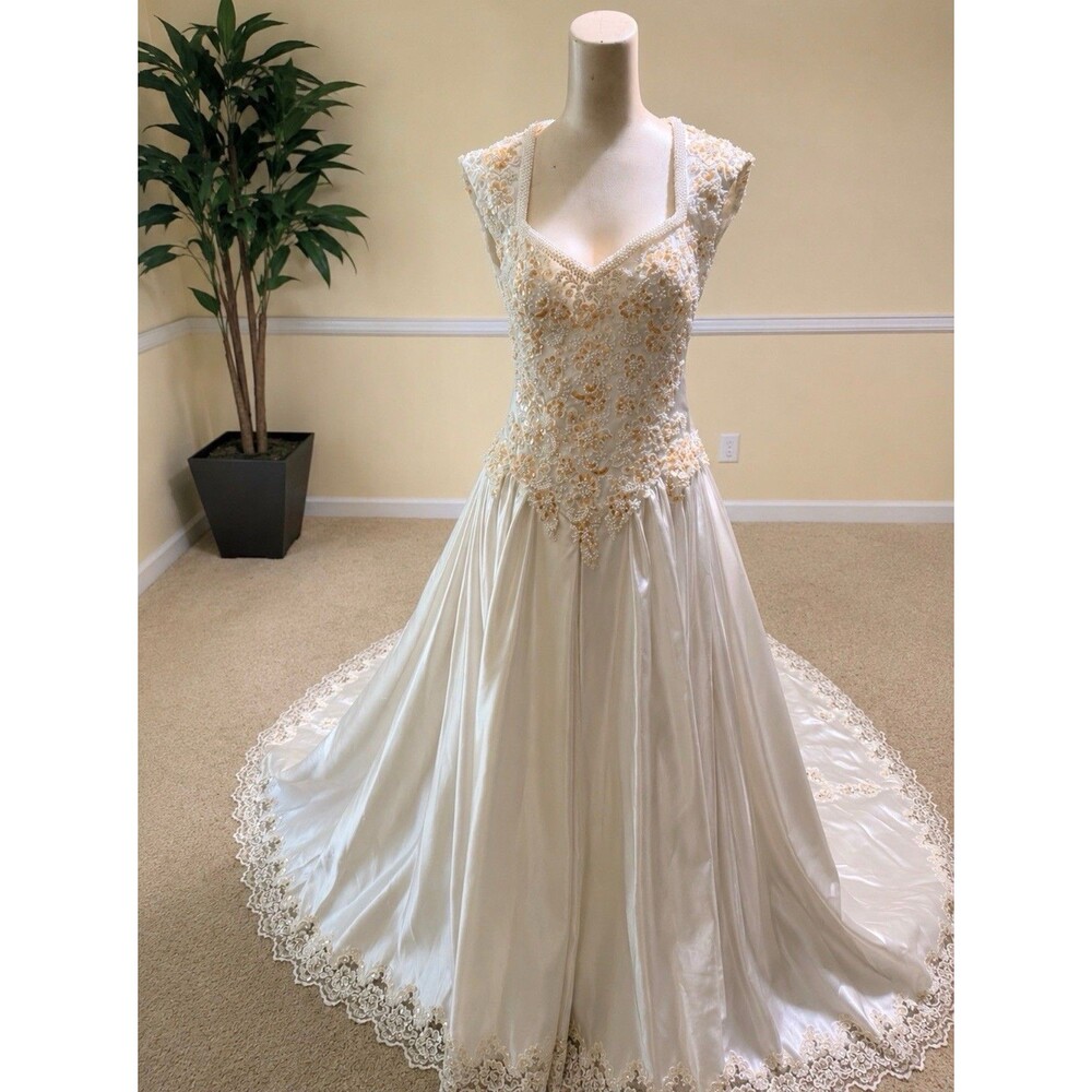 Vintage Handmade Embroidered and Intricate Beaded Satin Wedding Gown Size 10